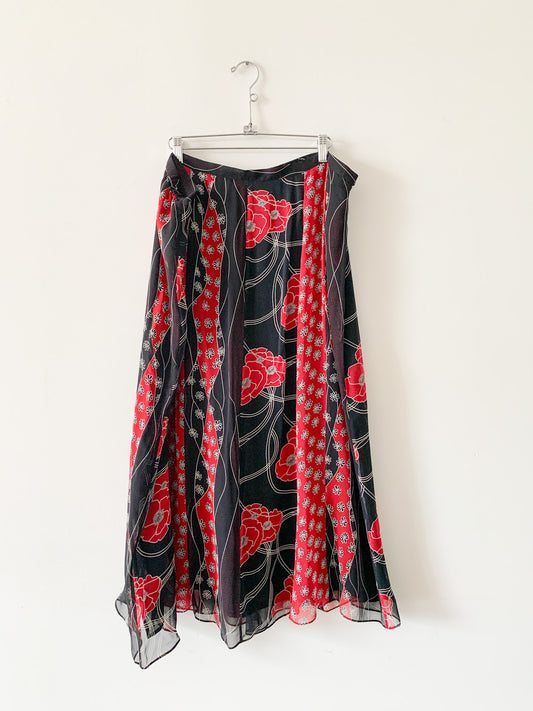 Black + Red Mixed Print Floral Silk Skirt