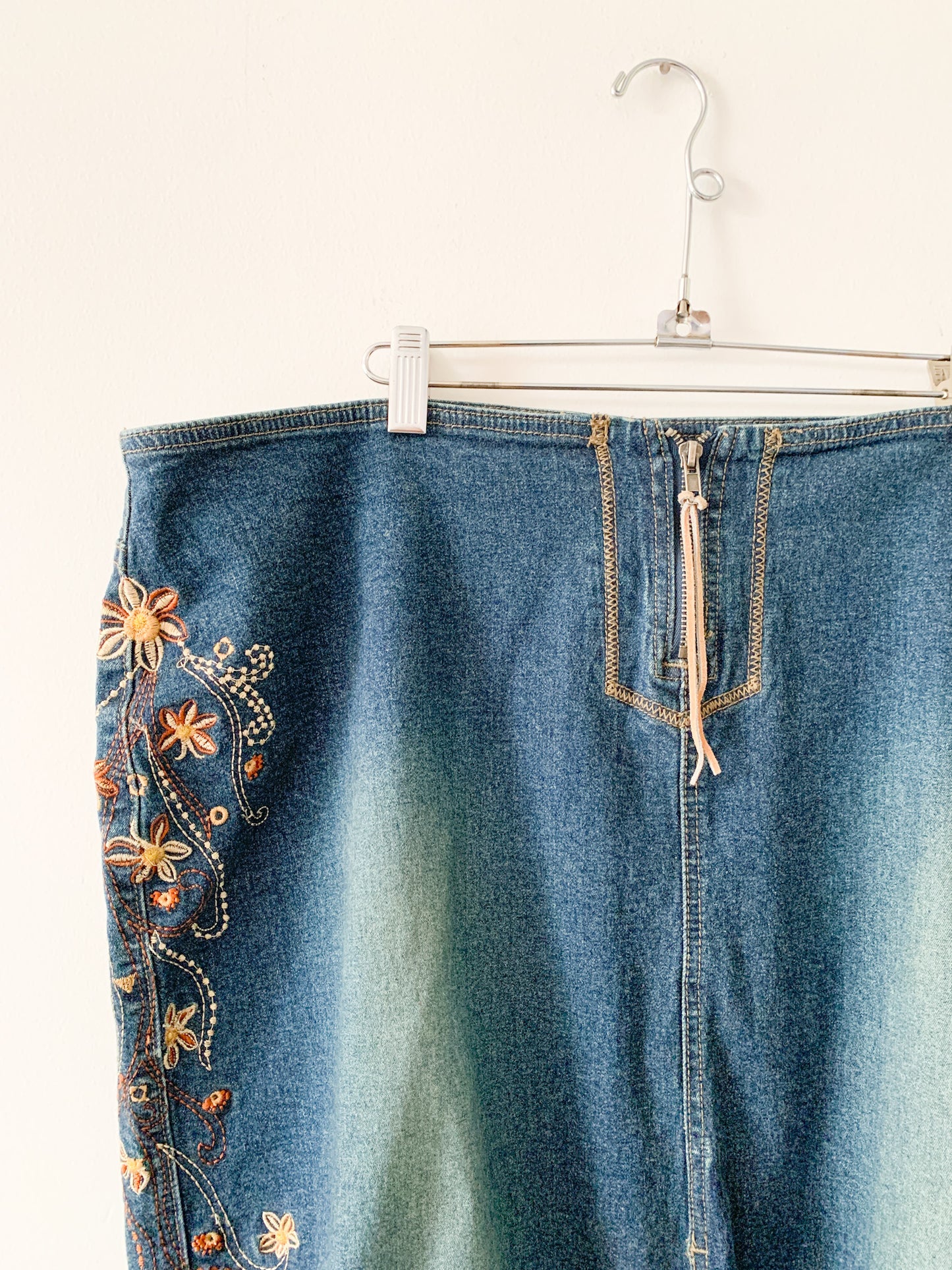 Floral Embroidered Denim Skirt