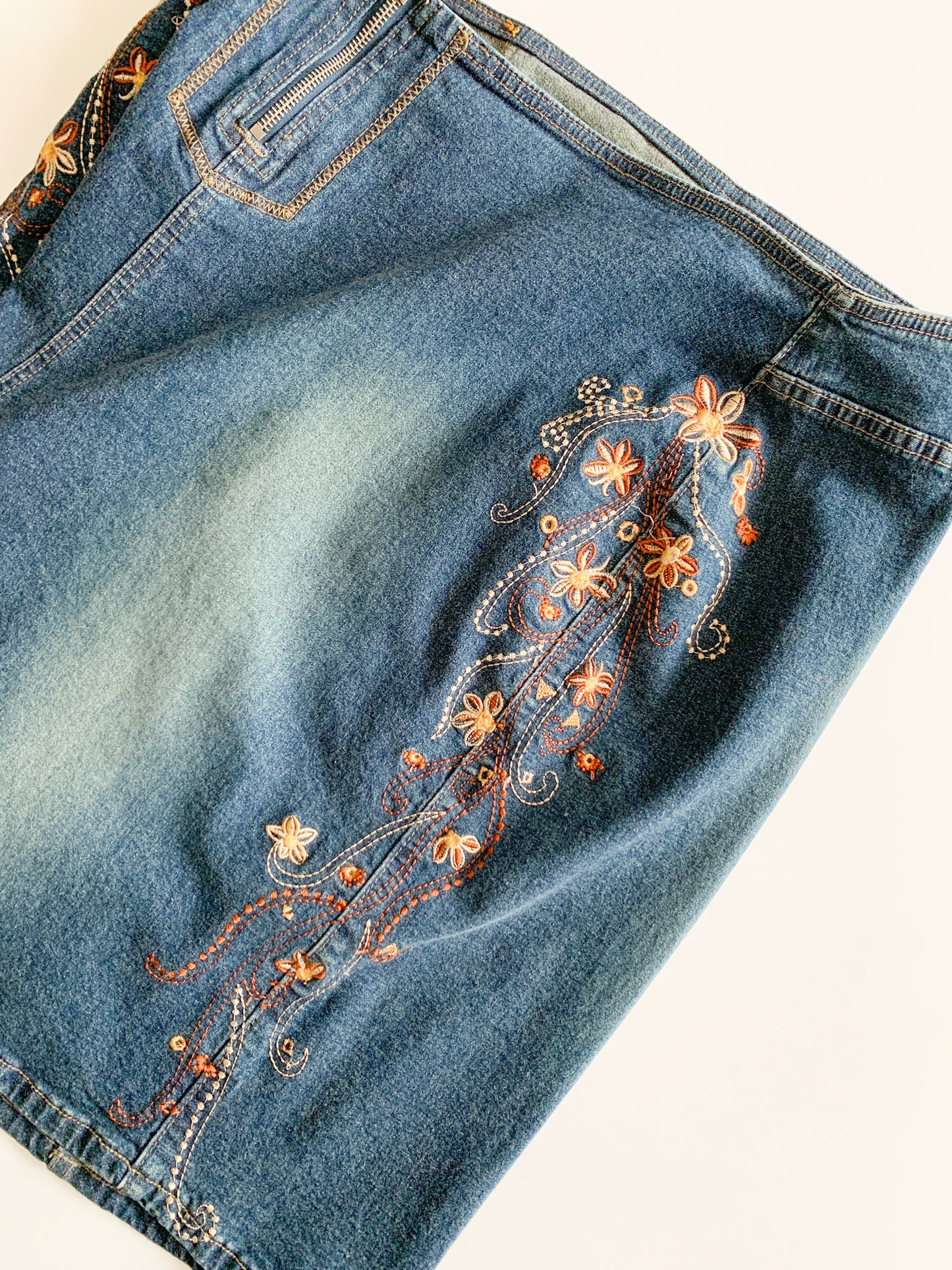 Floral Embroidered Denim Skirt