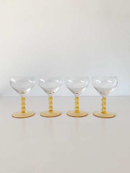 Vintage Amber Bubble Stem Glasses set of 4.