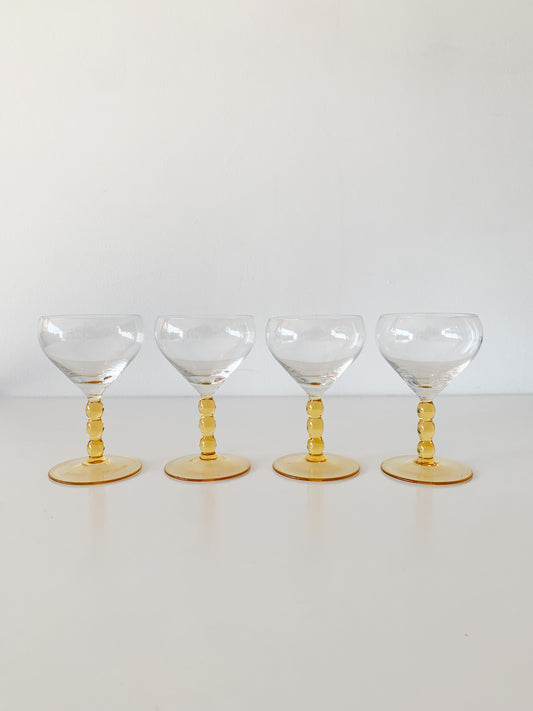 Vintage Amber Bubble Stem Glasses set of 4.
