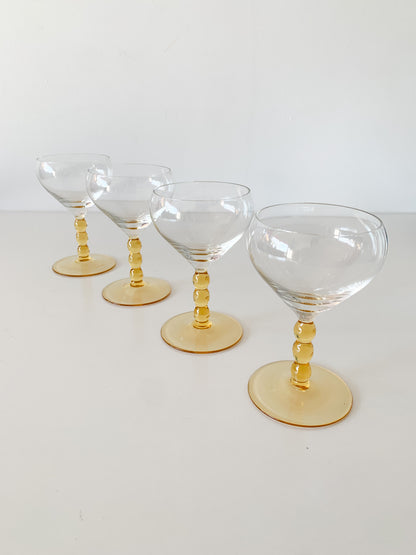 Vintage Amber Bubble Stem Glasses set of 4.