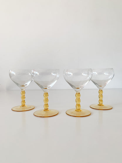 Vintage Amber Bubble Stem Glasses set of 4.