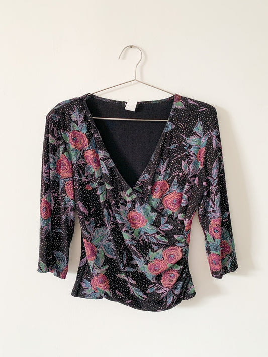 Stippled Glitter Floral Faux Wrap Top