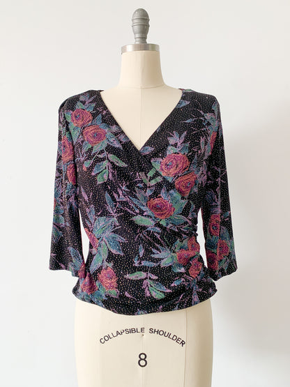 Stippled Glitter Floral Faux Wrap Top