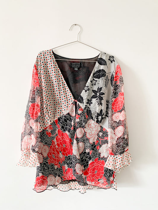 Mixed Print Floral Silk Top