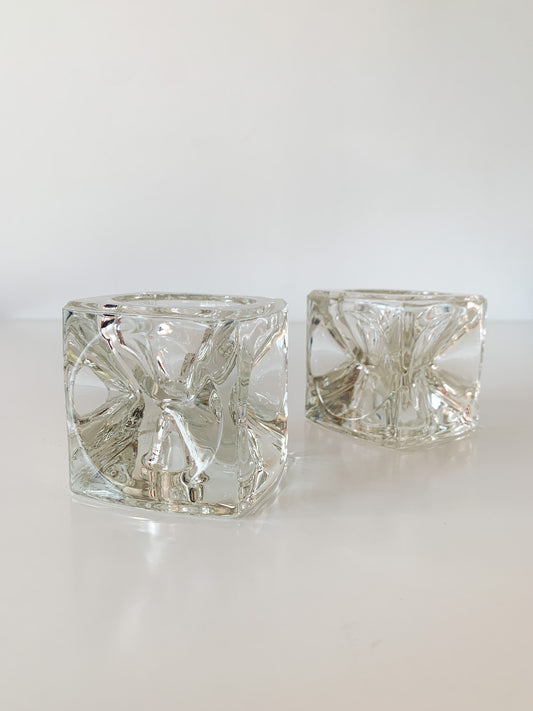 Vintage Glass Cube Dual Candle Holder, set of 2.