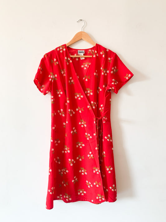 90s Red Floral Wrap Dress