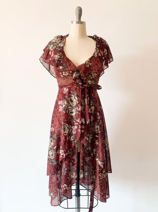 70s Maroon Floral Wrap Dress
