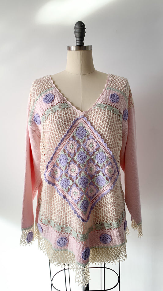 Beaded Floral Doily Pink Sweater