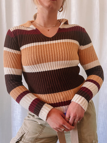 Y2K Neutral Striped Collared Sweater