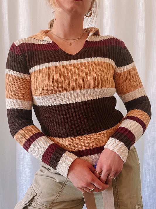 Y2K Neutral Striped Collared Sweater