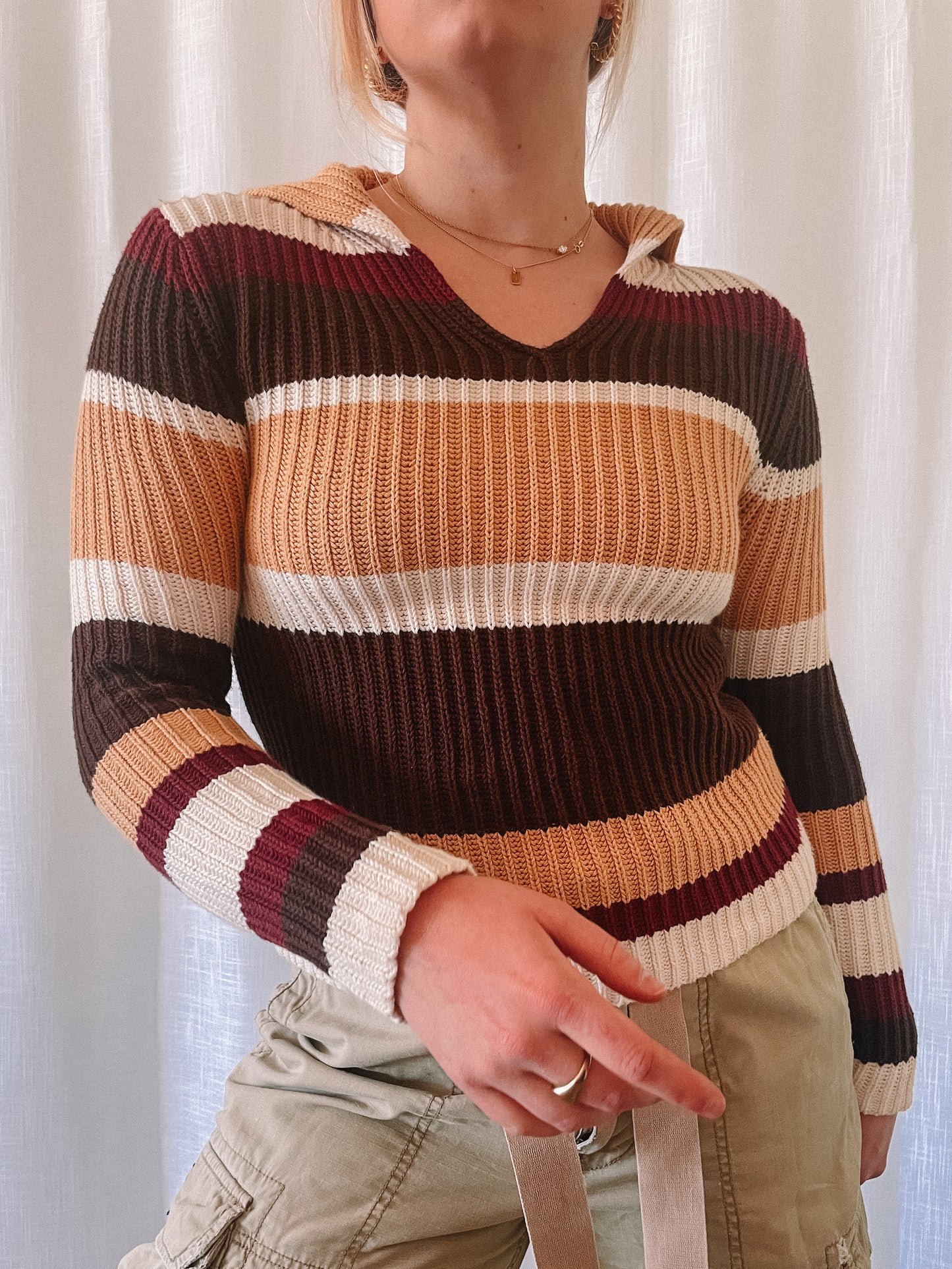 Y2K Neutral Striped Collared Sweater