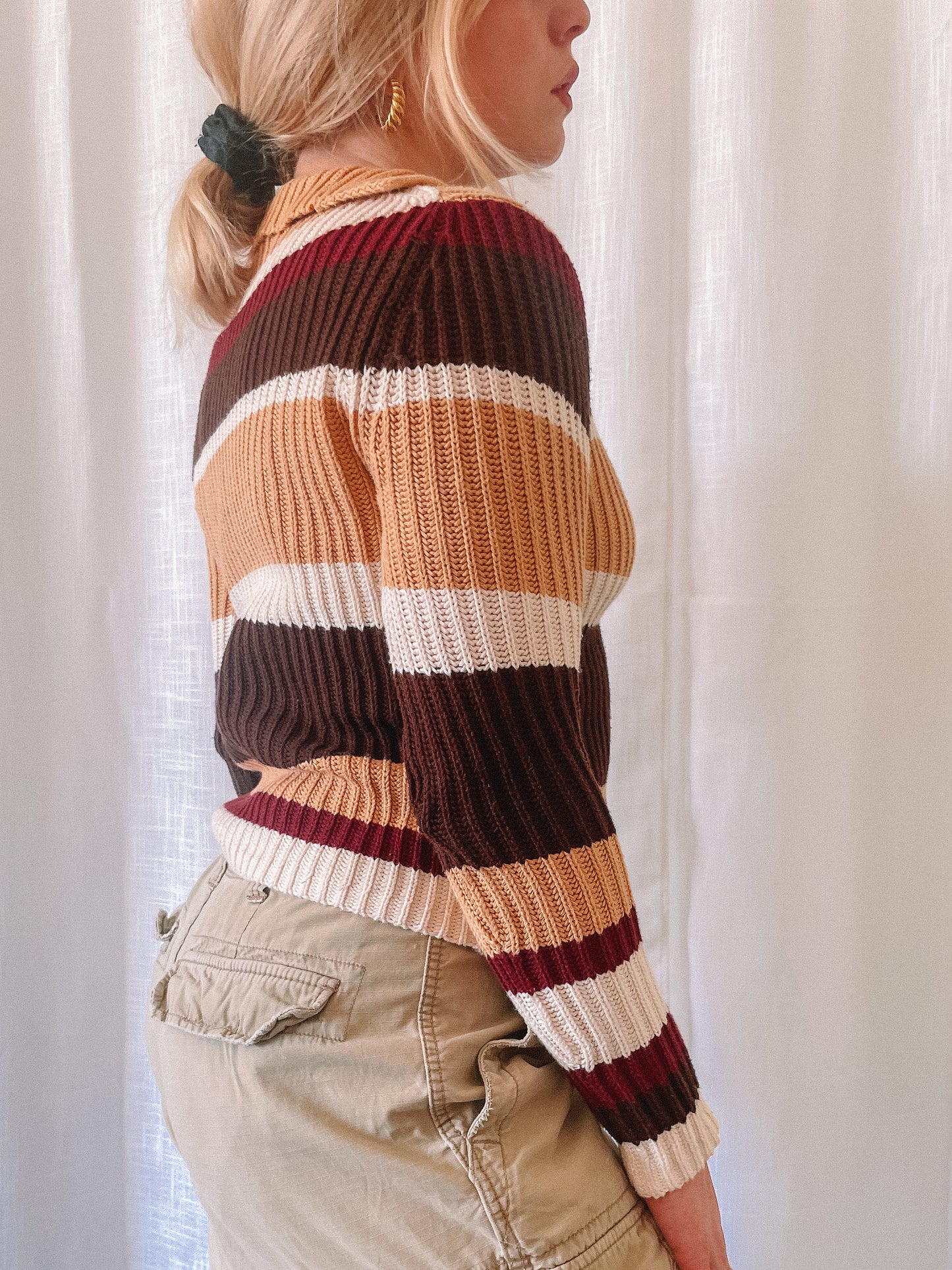 Y2K Neutral Striped Collared Sweater