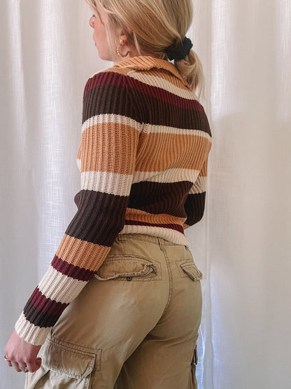 Y2K Neutral Striped Collared Sweater