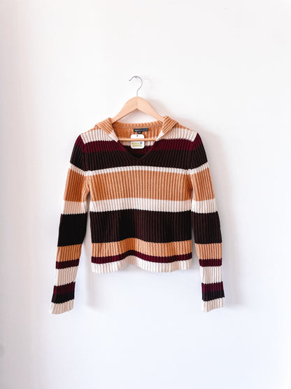 Y2K Neutral Striped Collared Sweater