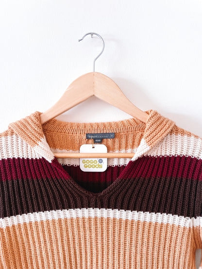 Y2K Neutral Striped Collared Sweater