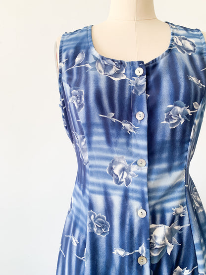 1990s Moody Blue Floral Dress