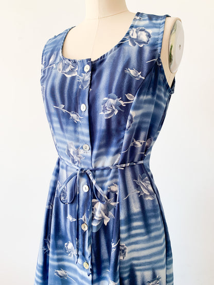 1990s Moody Blue Floral Dress