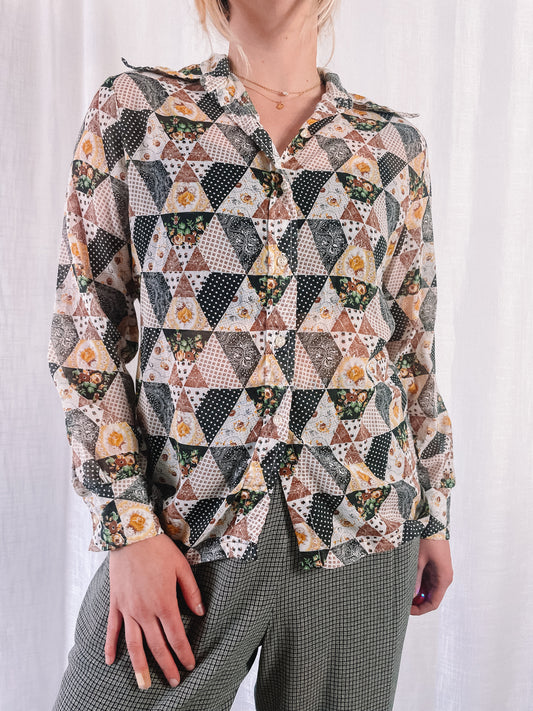 1970s Patchwork Print Button-Up Top