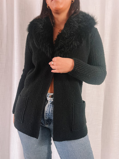 1960s Black Knit Cardigan w/ Fur Collar