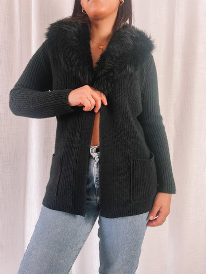 1960s Black Knit Cardigan w/ Fur Collar