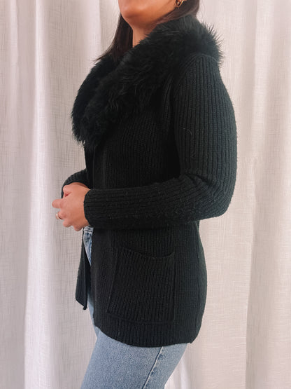 1960s Black Knit Cardigan w/ Fur Collar