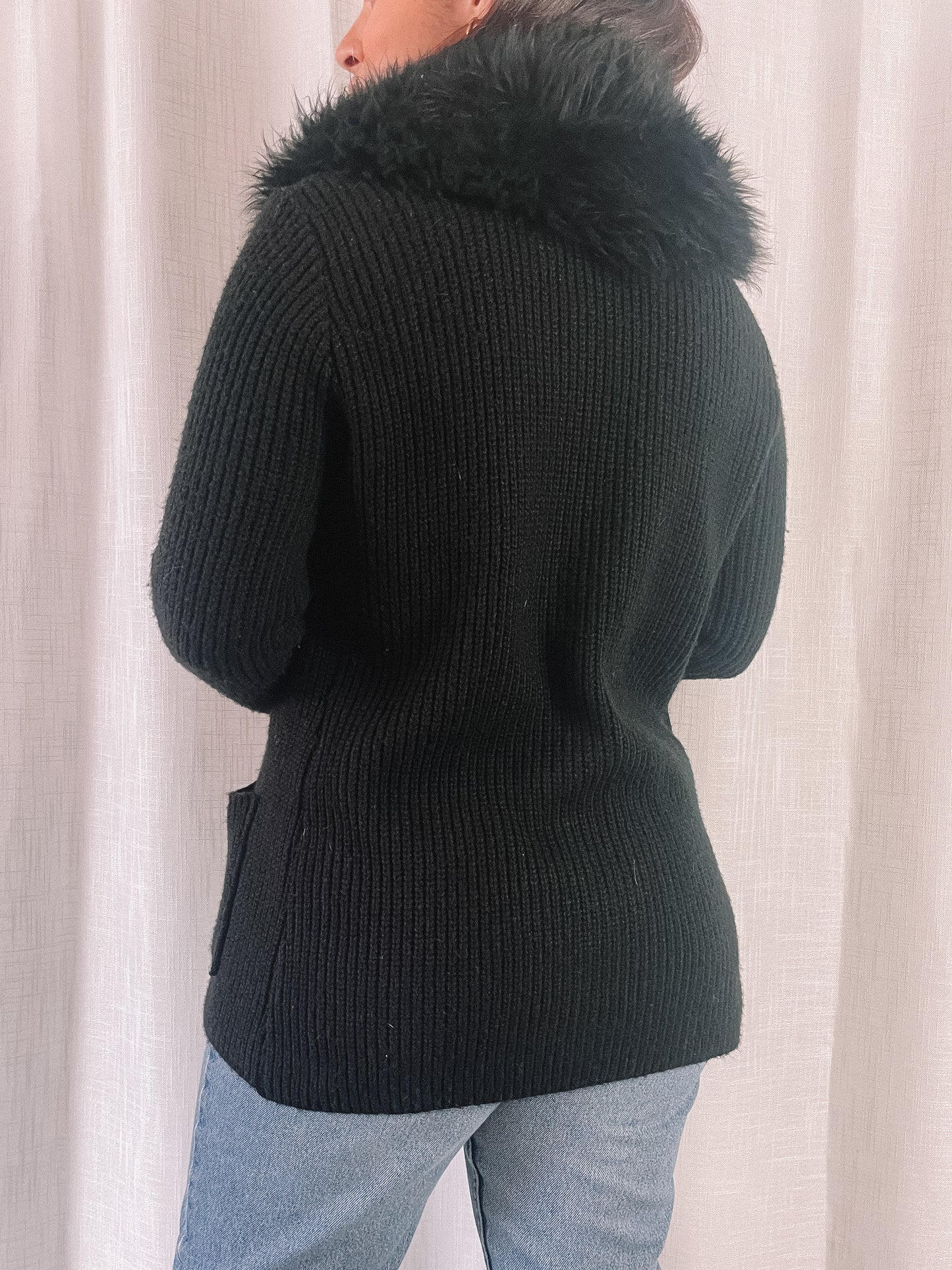 1960s Black Knit Cardigan w/ Fur Collar