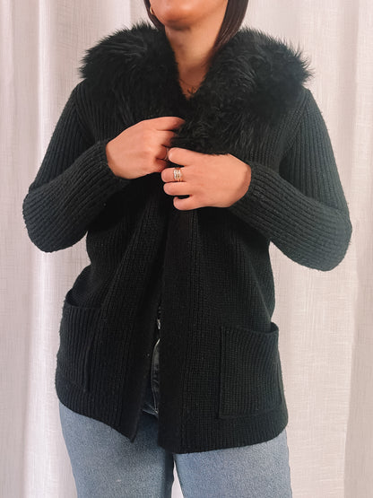 1960s Black Knit Cardigan w/ Fur Collar