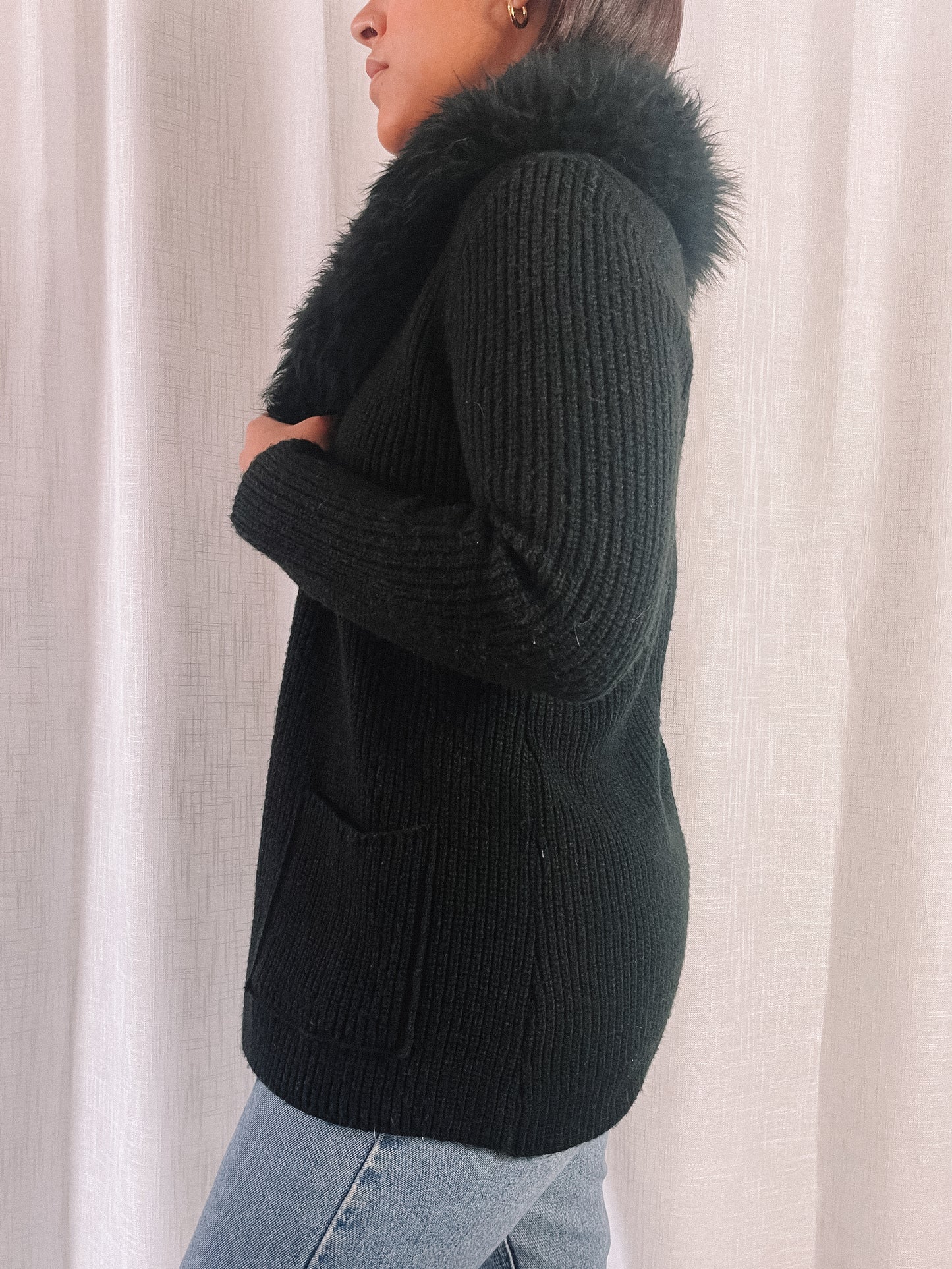 1960s Black Knit Cardigan w/ Fur Collar