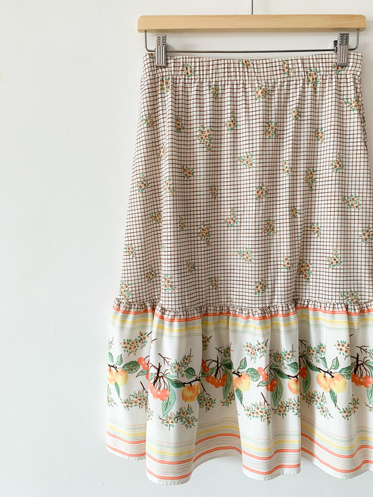 1970s Fruit and Floral Grid Prairie Skirt