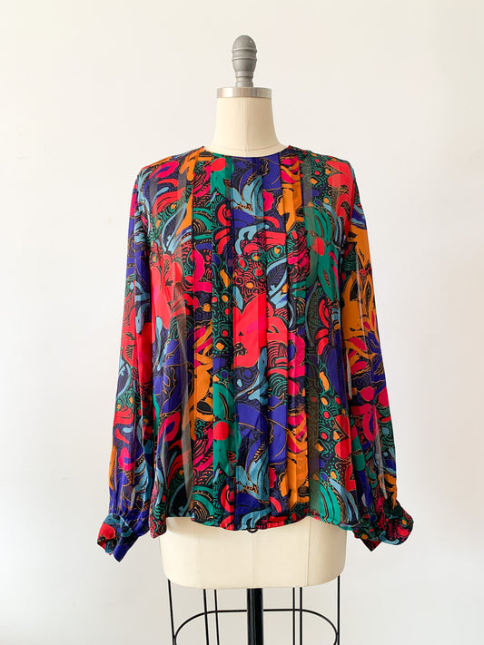 1980s Semi-Sheer Floral Striped Blouse