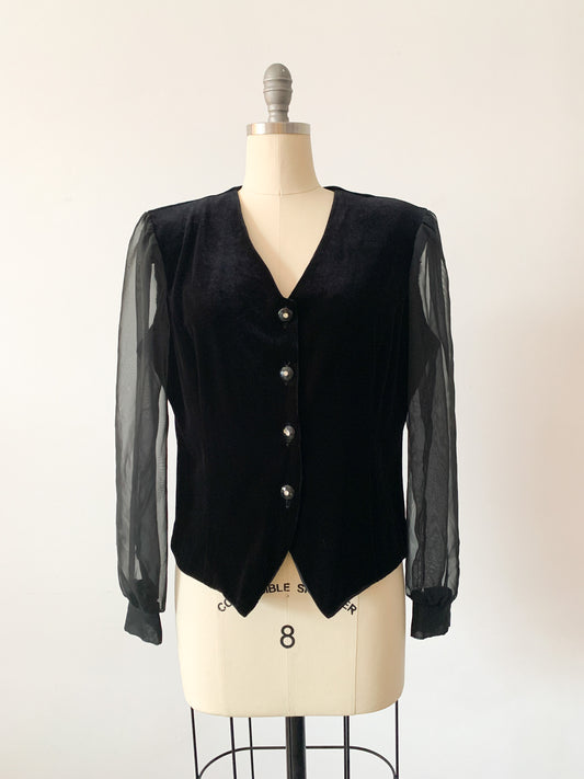 1980s Black Velvet Sheer Sleeve Blouse