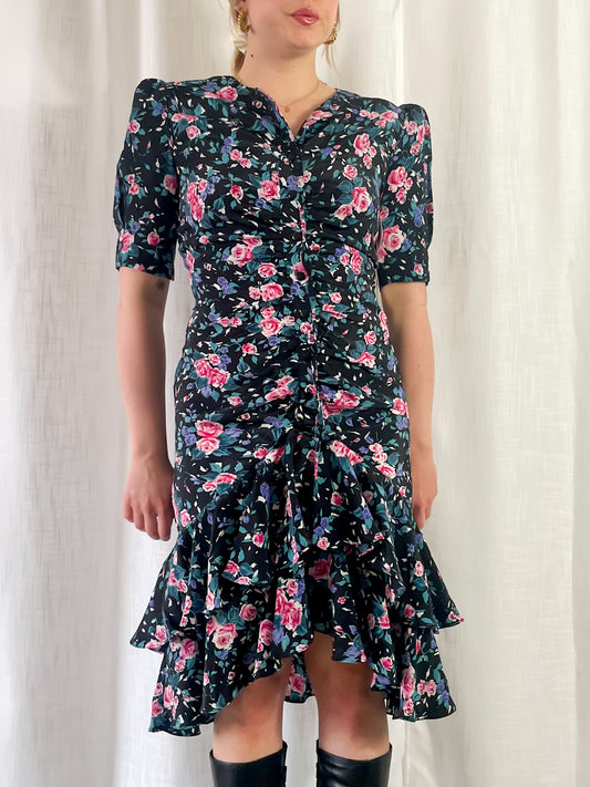 80s Ruched and Ruffled Floral Dress