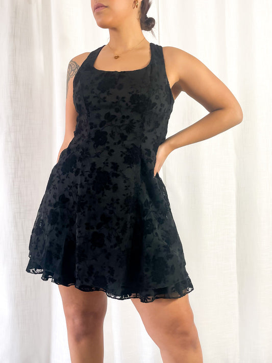 90s Velvet Cross back Floral Dress