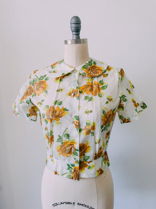 1960s Golden Rose Print Button-Up Top