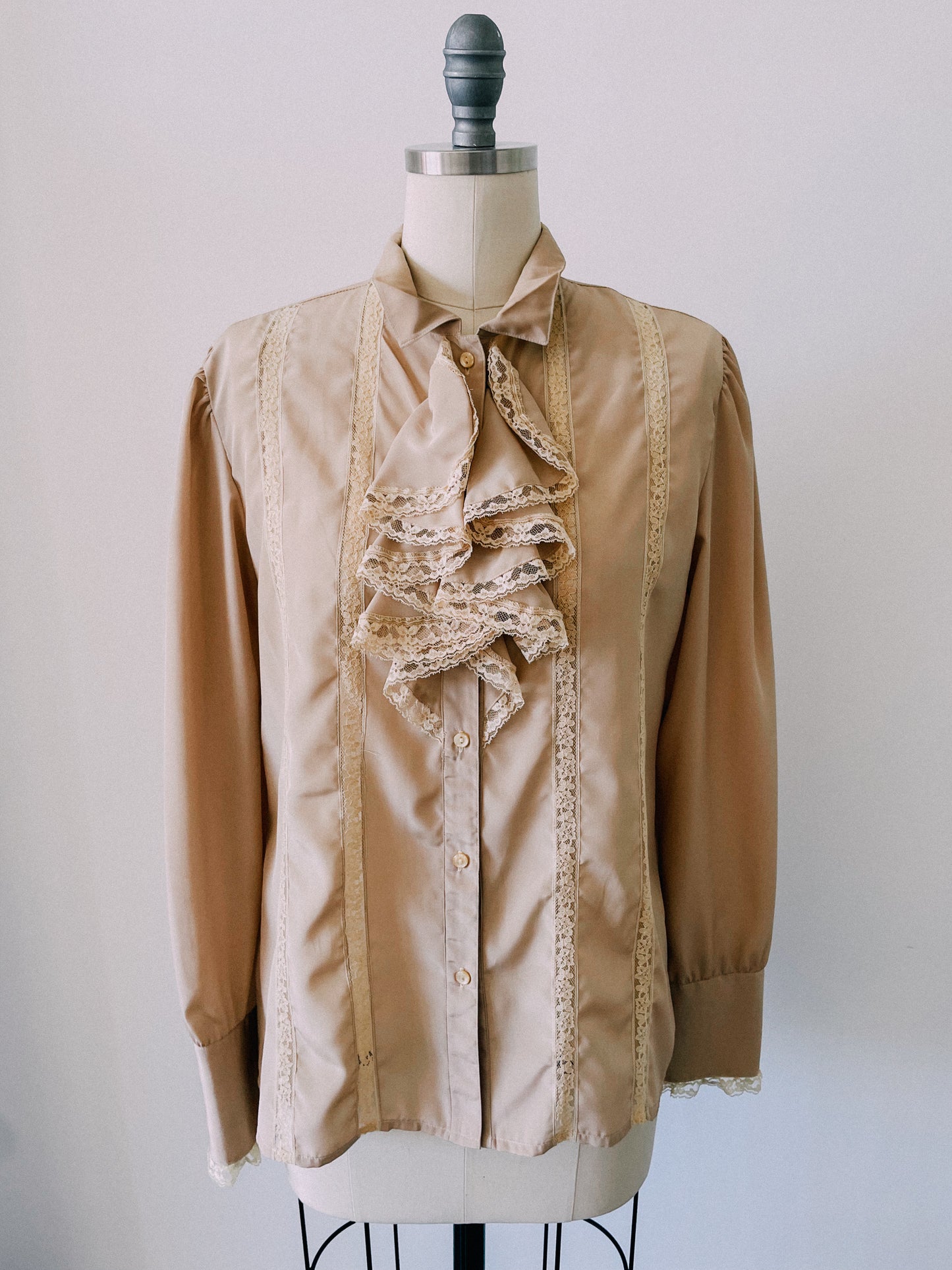 1980s Taupe Lace Ruffle Top