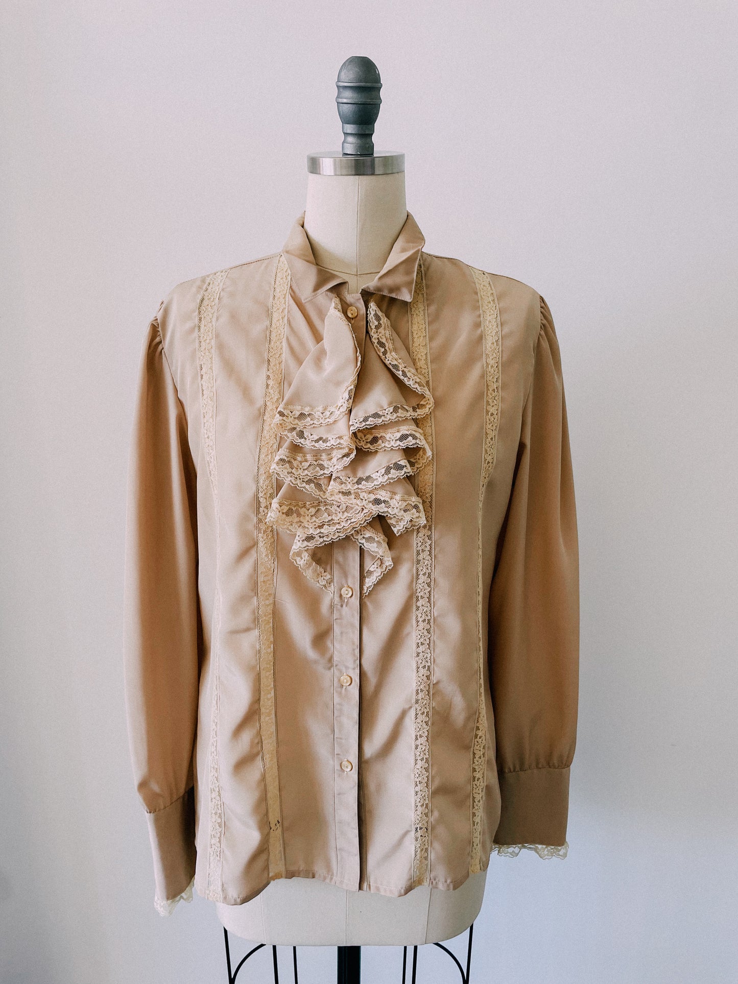 1980s Taupe Lace Ruffle Top