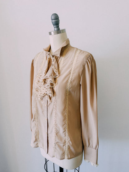 1980s Taupe Lace Ruffle Top