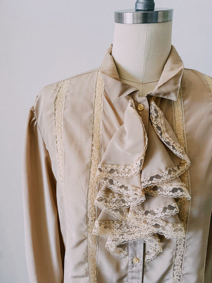 1980s Taupe Lace Ruffle Top