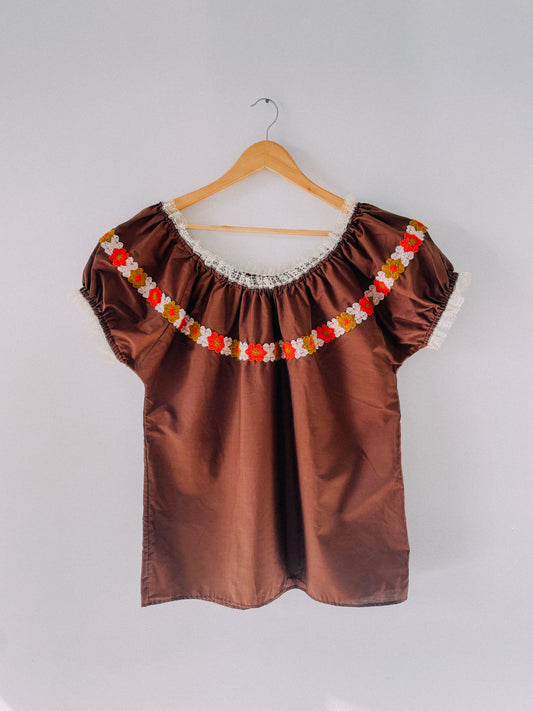 1970s Brown Floral Off-the-Shoulder Top