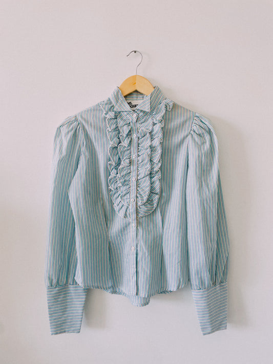 1970s Pastel Pinstripe Ruffle Button-Up Shirt