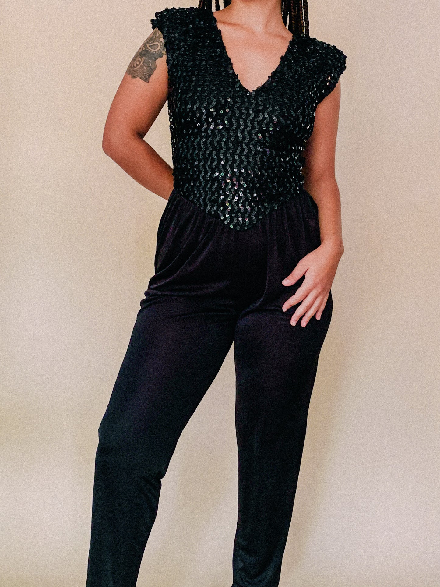 1980s Black Sequin Jumpsuit