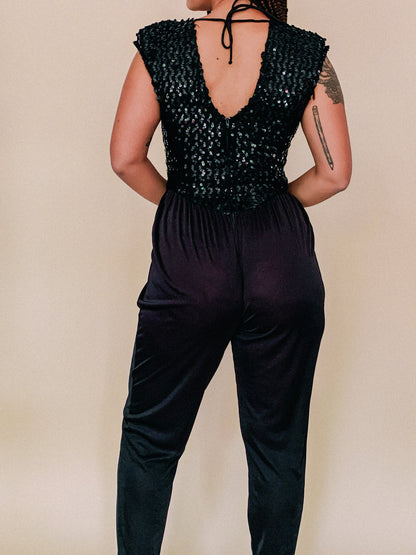 1980s Black Sequin Jumpsuit