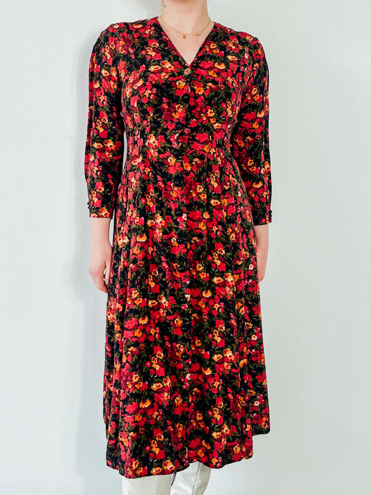 1990s Autumnal Florals Button-Front Dress