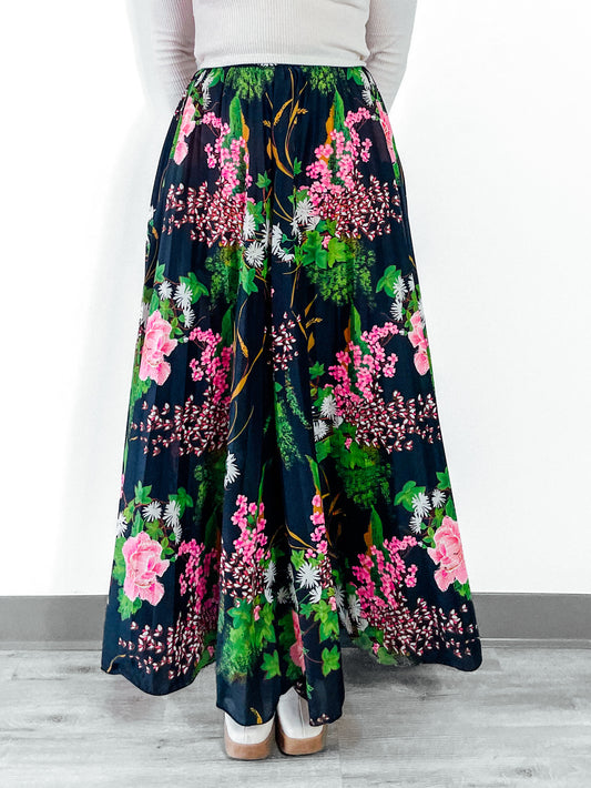 1970s Botanical Pleated Maxi Skirt