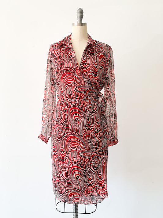 Red + Black Optical Silk Wrap Dress