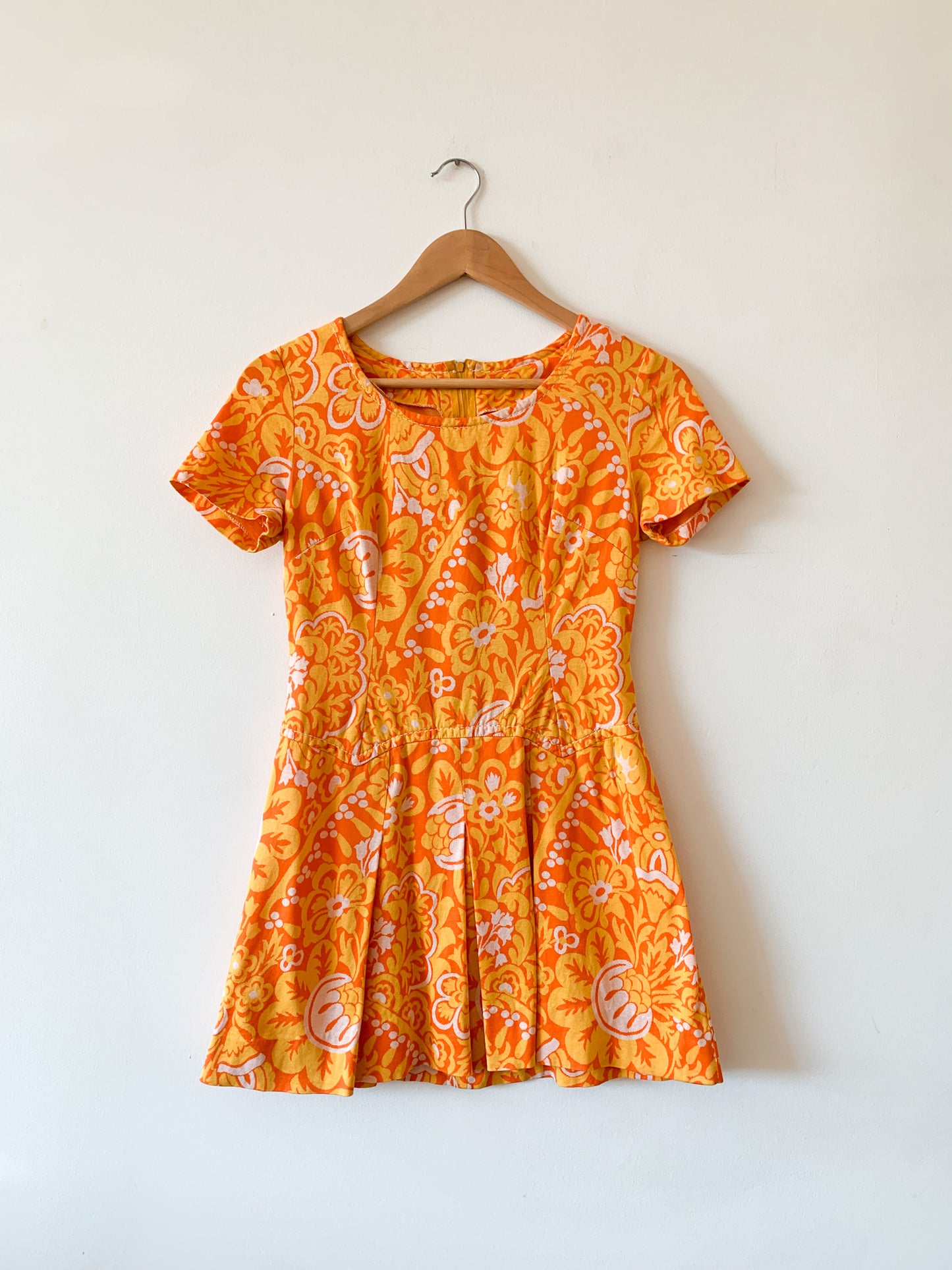 70s Orange Groovy Floral Mini Dress