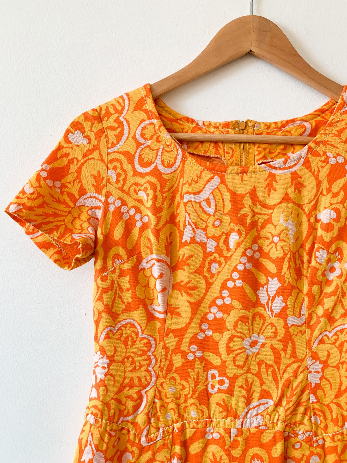 70s Orange Groovy Floral Mini Dress