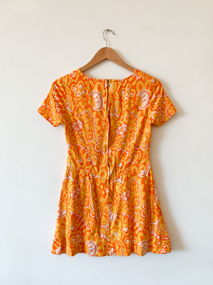 70s Orange Groovy Floral Mini Dress